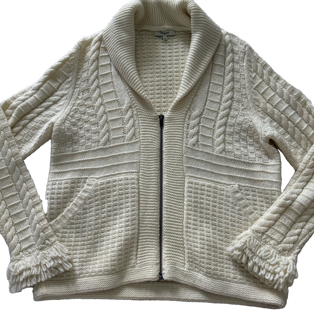 Madewell Wool Alpaca Blend Cardigan Full Zip Fringe sweater Cream Fisherman Sz L